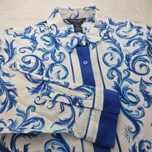 Investments Petites PM Stretch Linen Blue White Scroll LS Button Down Shirt 1186